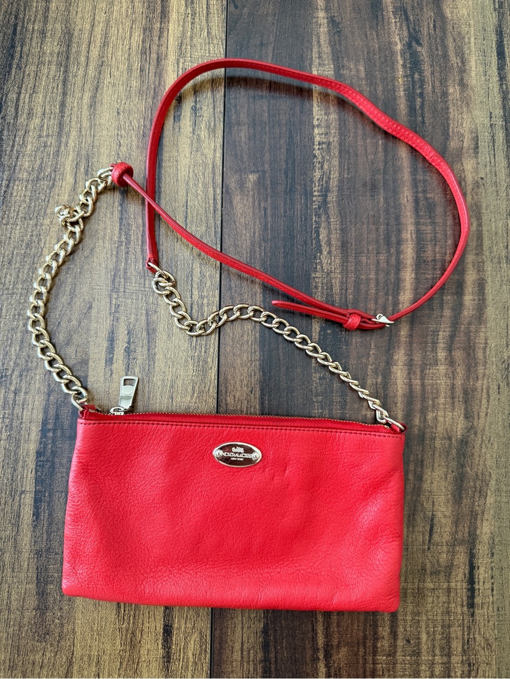 Coach Red Orange Leather Crossbody with Gold Chain Strap